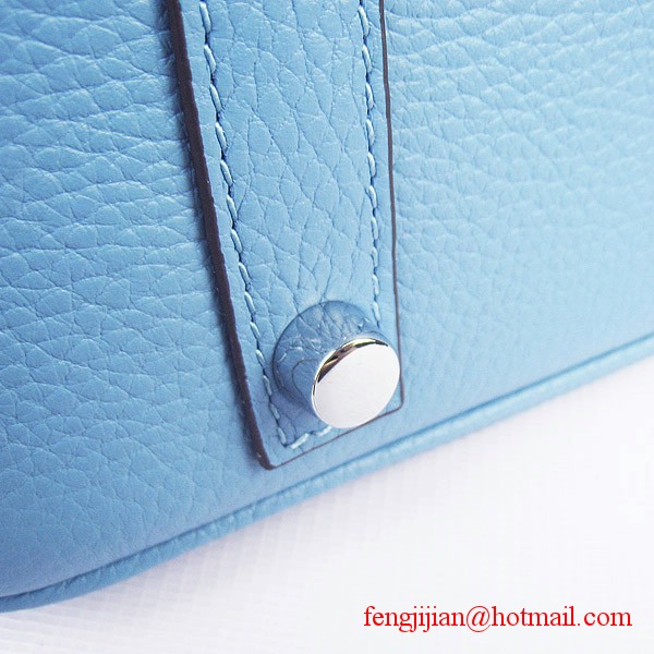 Hermes 35cm Embossed Veins Leather Bag Light Blue 6089 Silver Hardware